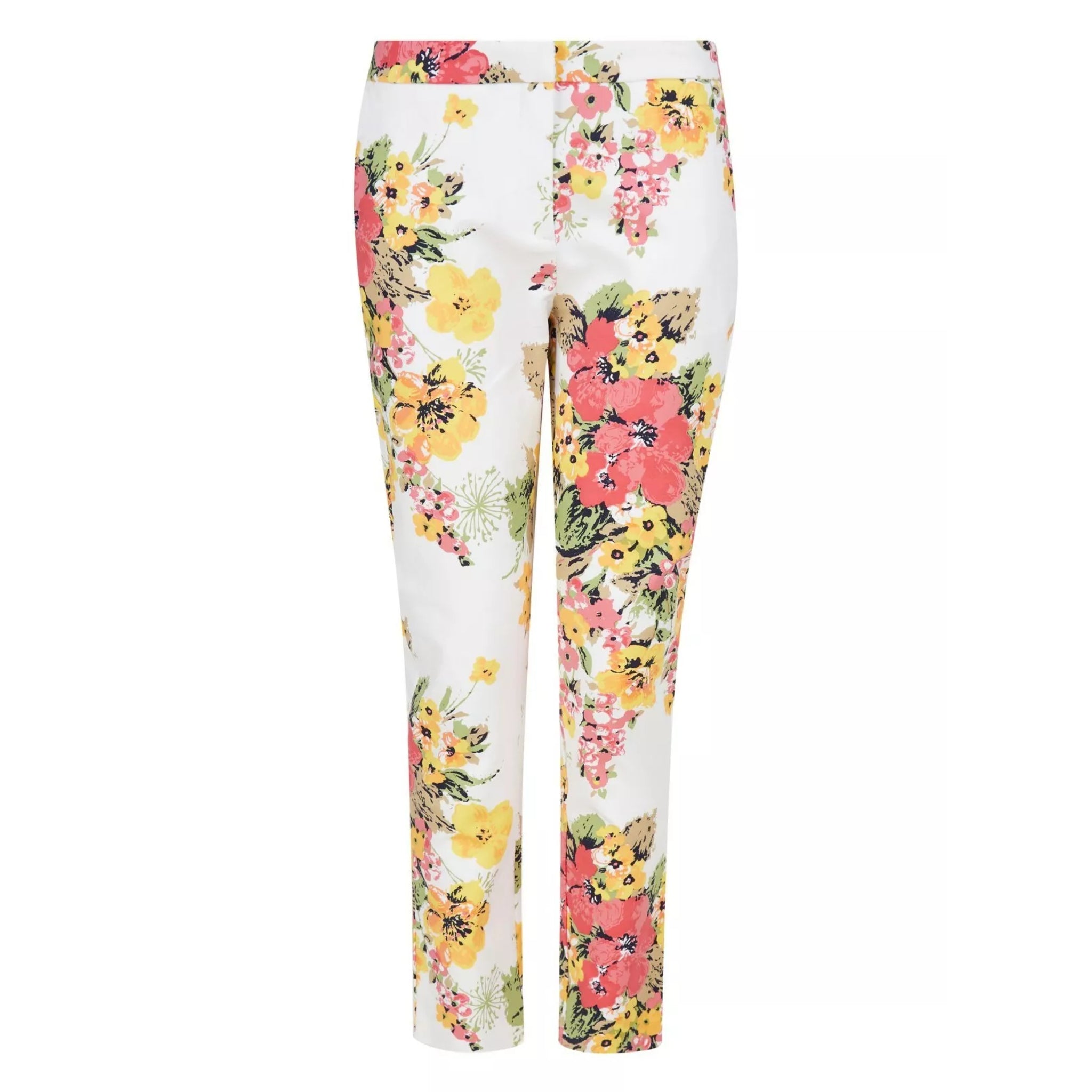 Ladies floral print easy care trousers – lightweight spring summer trousers in White